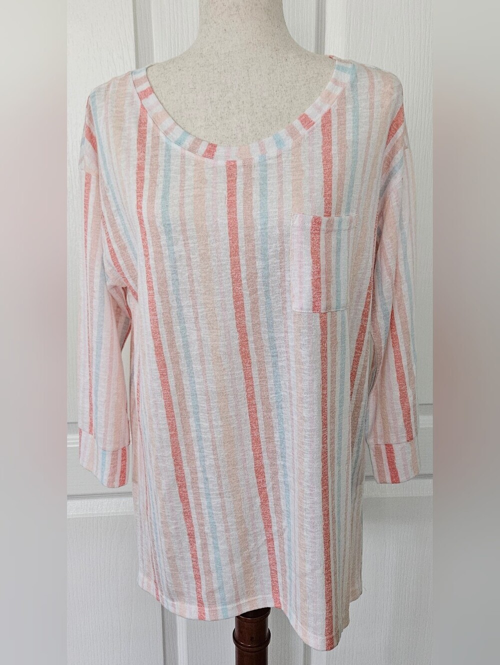 Intro Pastel Stripe Tunic Top M 3/4 Sleeve Pocket High Low Relaxed